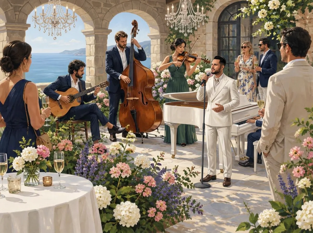AI illustration: Tal Vaknin singing beside a white grand piano in a luxury event setting — bespoke event entertainment.
