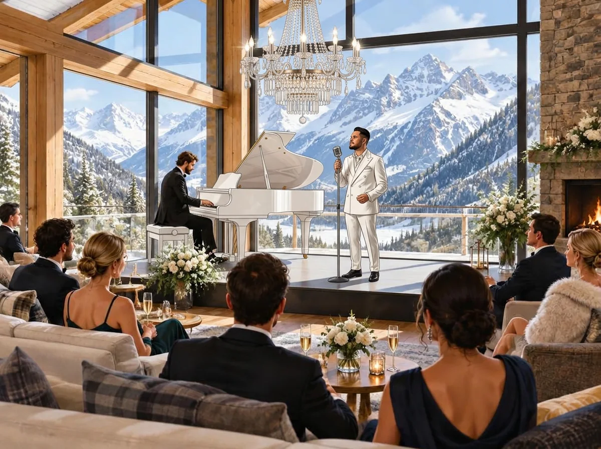 AI illustration: Tal Vaknin singing beside a white grand piano in a luxury event setting — courchevel wedding.