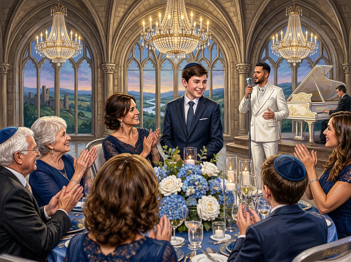 AI illustration: Tal Vaknin singing beside a white grand piano in a luxury event setting — bar mitzvah entertainment.