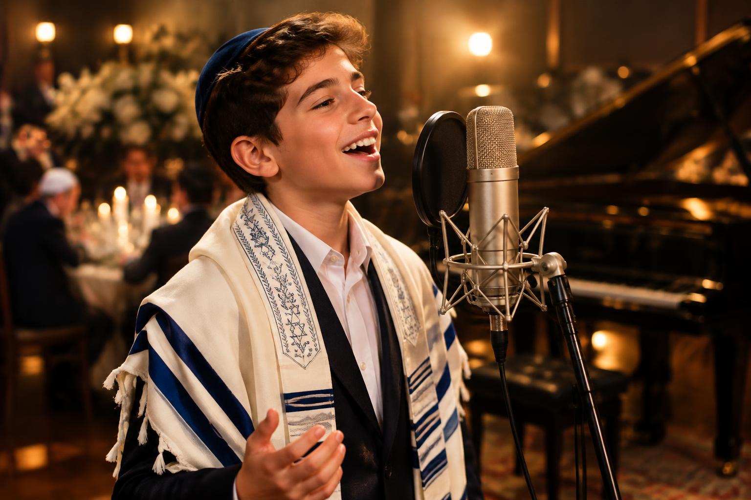 המחשה של חתן בר מצווה בטלית מקליט שיר באולפן