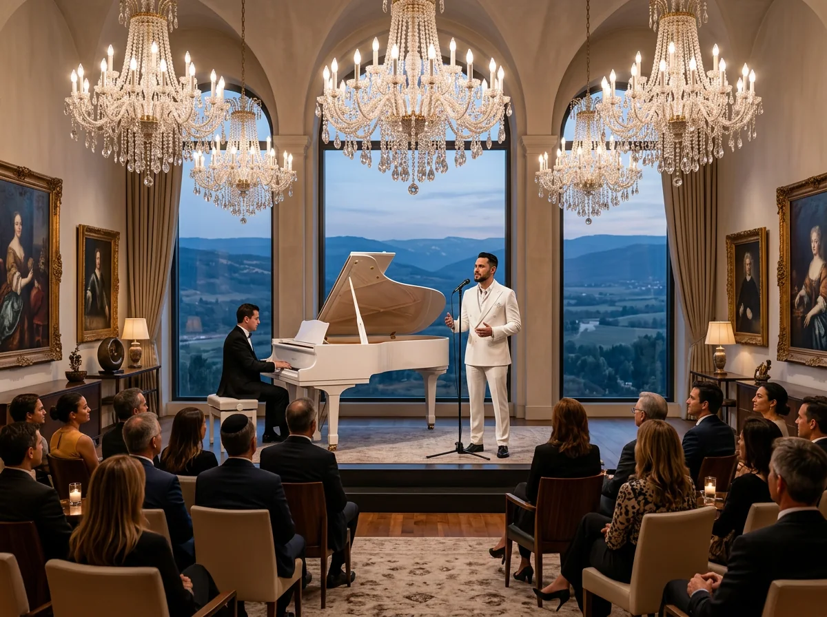 Illustration IA : Tal Vaknin chantant près d’un piano à queue blanc dans un cadre de réception de luxe — concert privé sur mesure.