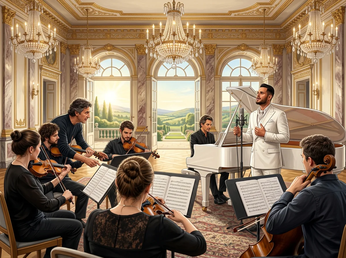 AI illustration: Tal Vaknin singing beside a white grand piano in a luxury event setting — bespoke live performance.