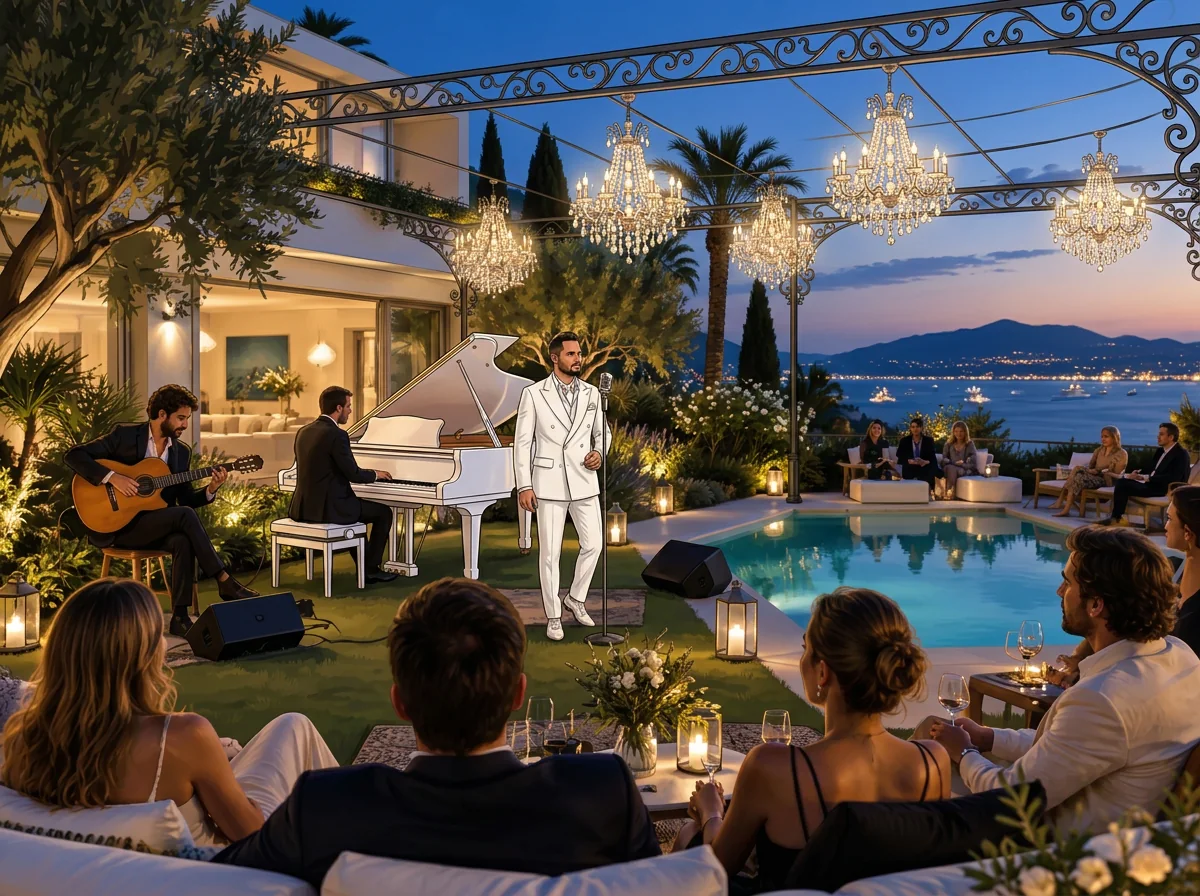 AI illustration: Tal Vaknin singing beside a white grand piano in a luxury event setting — cannes villa wedding.