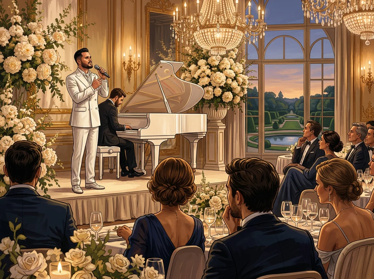 AI illustration: Tal Vaknin singing beside a white grand piano in a luxury event setting — charity gala paris.
