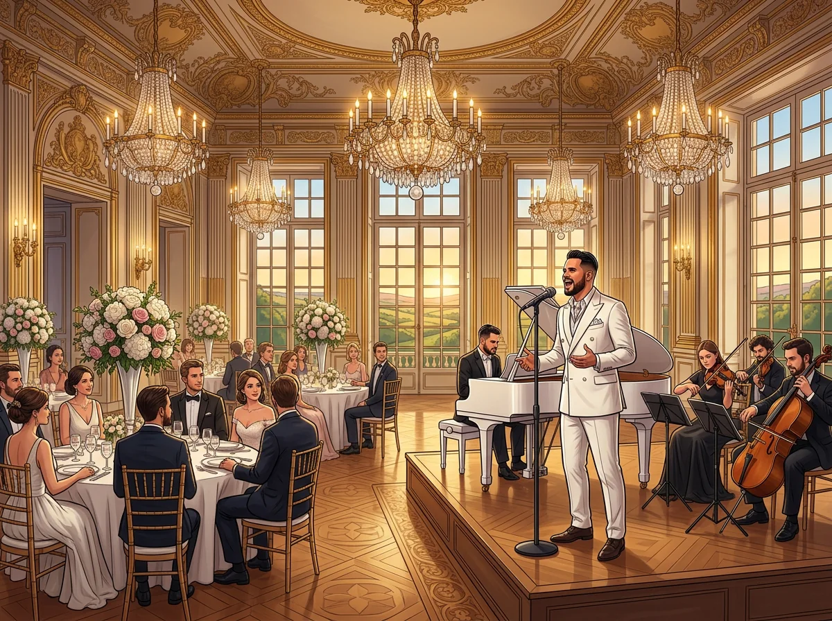 AI illustration: Tal Vaknin singing beside a white grand piano in a luxury event setting — chateau wedding paris.