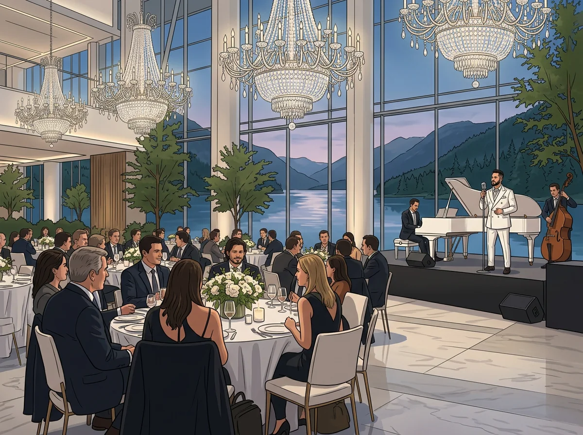 AI illustration: Tal Vaknin singing beside a white grand piano in a luxury event setting — corporate gala live entertainment.