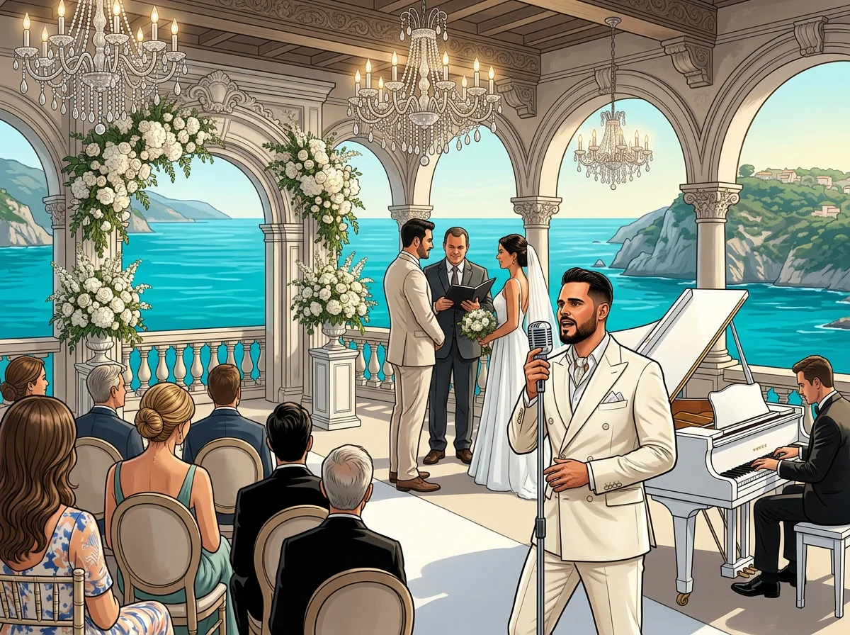 AI illustration: Tal Vaknin singing beside a white grand piano in a luxury event setting — destination wedding live music.
