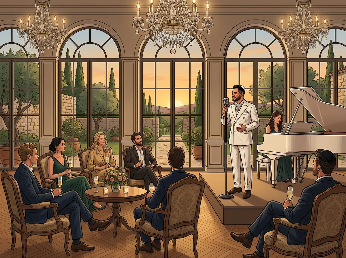 AI illustration: Tal Vaknin singing beside a white grand piano in a luxury event setting — exclusive private event entertainment.