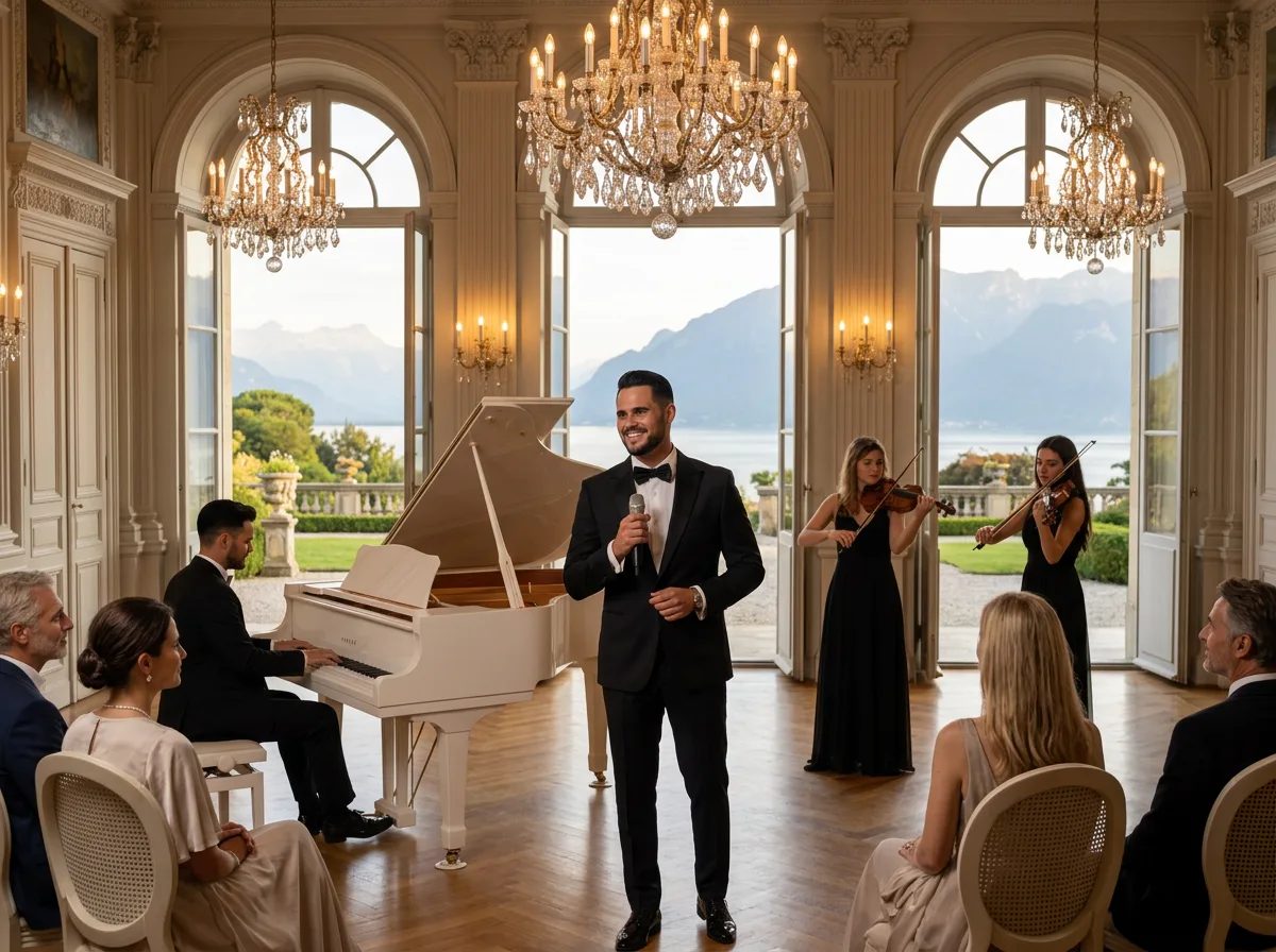 AI illustration: Tal Vaknin singing beside a white grand piano in a luxury event setting — bespoke private concert.