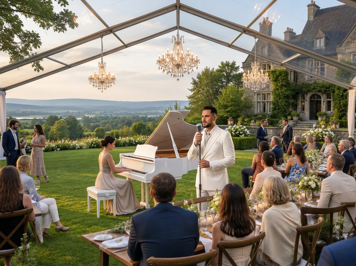 Illustration IA : Tal Vaknin chantant près d’un piano à queue blanc dans un cadre de réception de luxe — animation villa privée luxe.