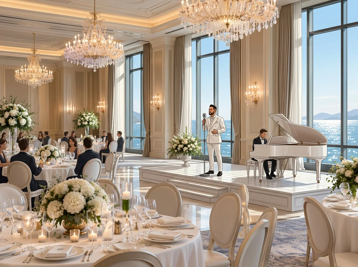 AI illustration: Tal Vaknin singing beside a white grand piano in a luxury event setting — 5 star hotel wedding.