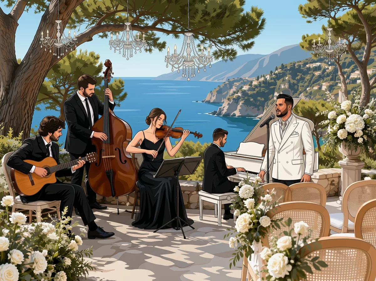 AI illustration: Tal Vaknin singing beside a white grand piano in a luxury event setting — french riviera wedding.