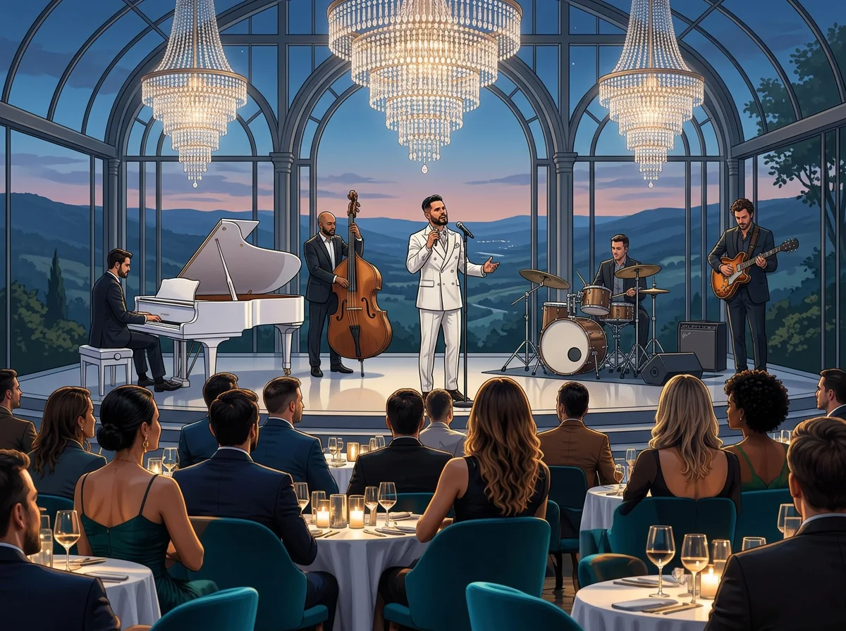 AI illustration: Tal Vaknin singing beside a white grand piano in a luxury event setting — immersive wedding entertainment.