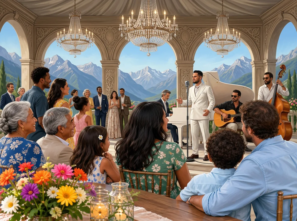 AI illustration: Tal Vaknin singing beside a white grand piano in a luxury event setting — international private event entertainment.