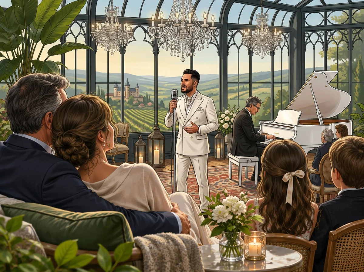 AI illustration: Tal Vaknin singing beside a white grand piano in a luxury event setting — bespoke private concert.