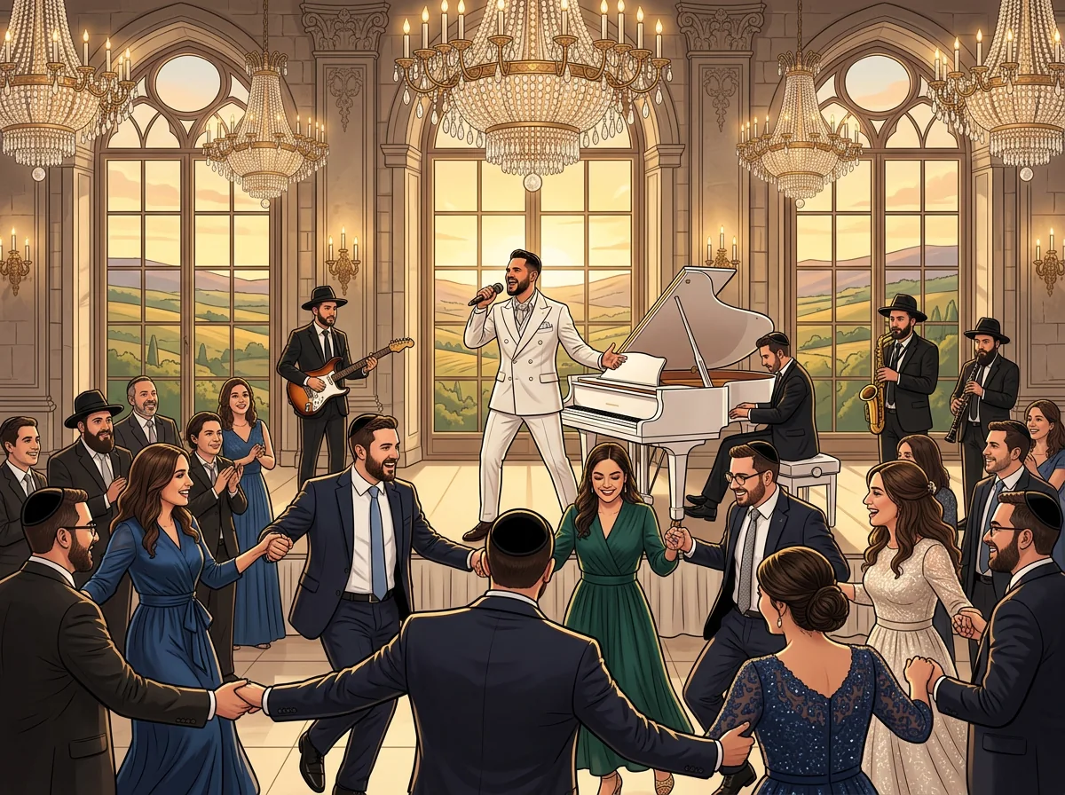 Illustration IA : Tal Vaknin chantant près d’un piano à queue blanc dans un cadre de réception de luxe — chanteur mariage juif.