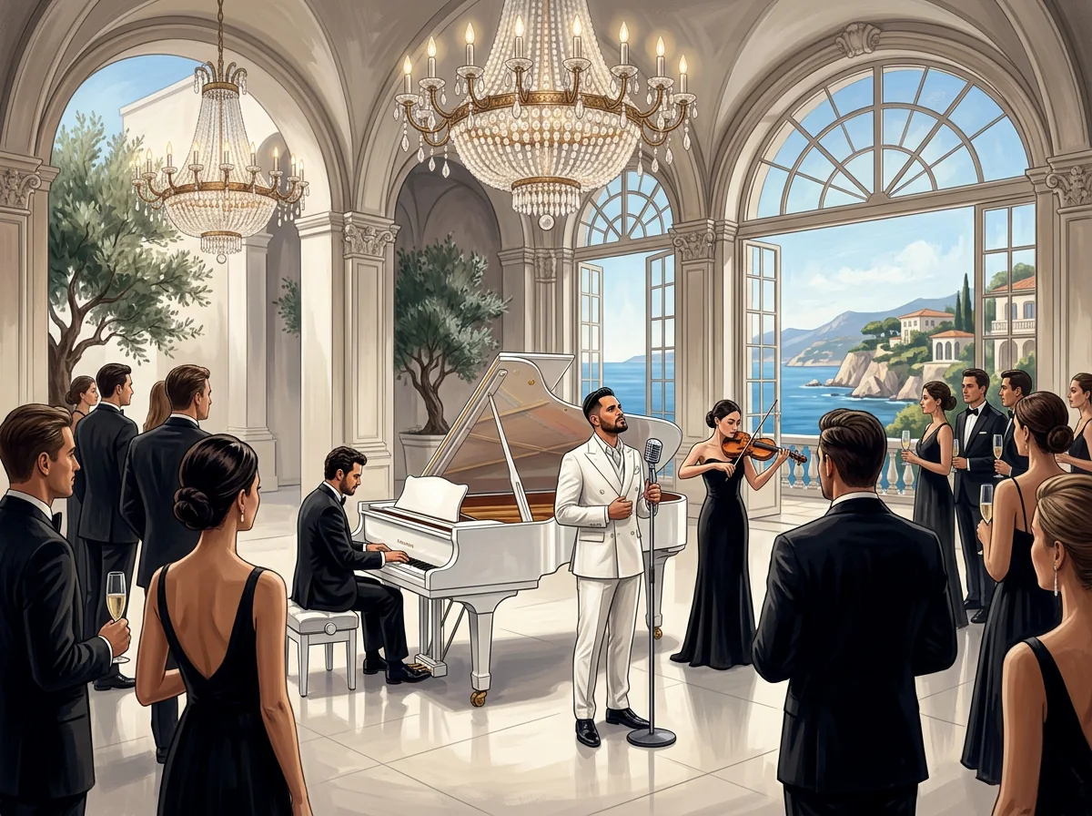 AI illustration: Tal Vaknin singing beside a white grand piano in a luxury event setting — high end corporate entertainment.