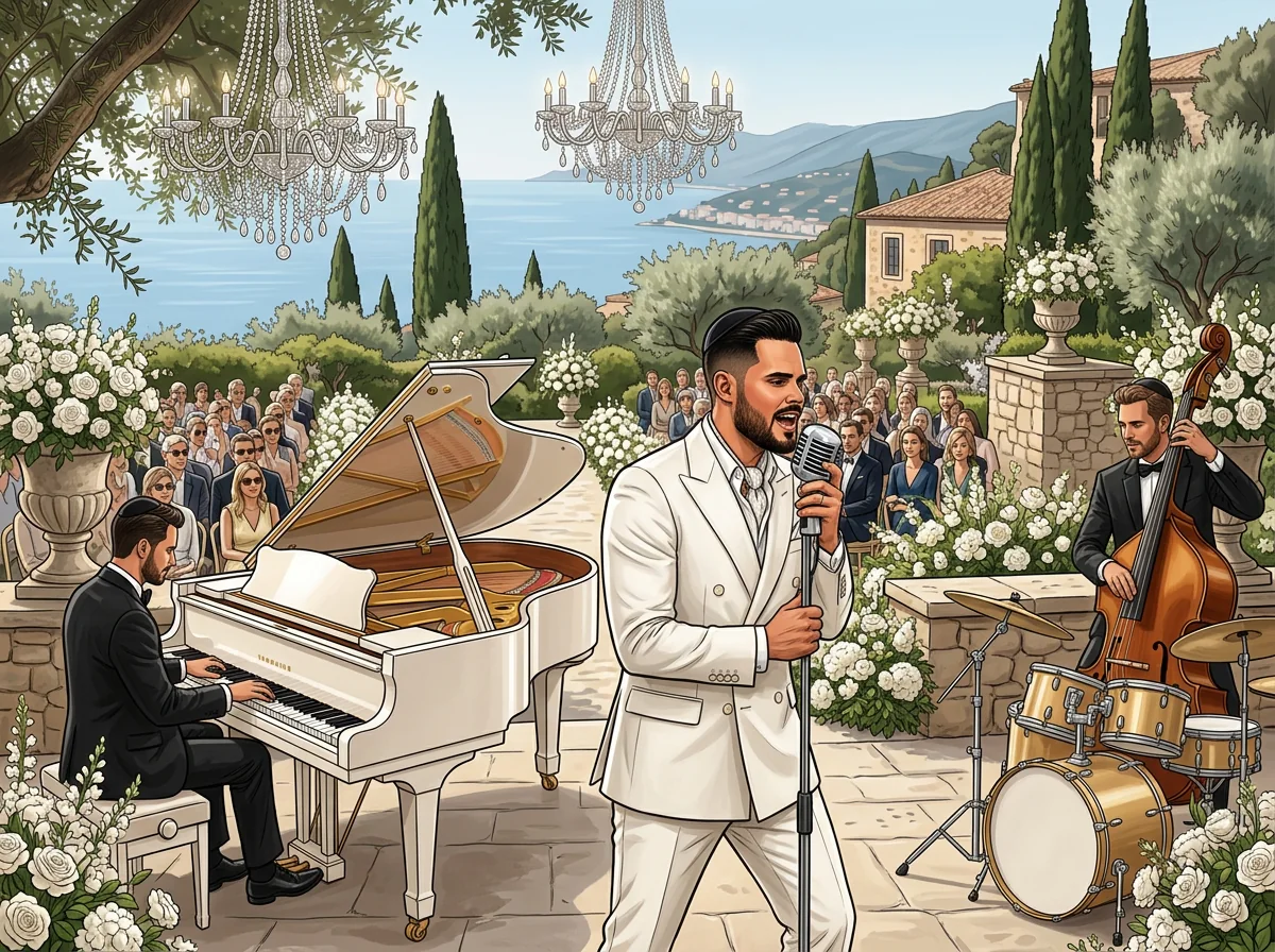 Illustration IA : Tal Vaknin chantant près d’un piano à queue blanc dans un cadre de réception de luxe — animation mariage luxe.