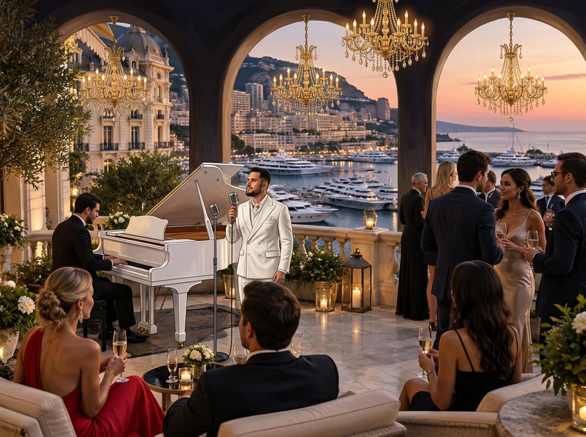 Illustration IA : Tal Vaknin chantant près d’un piano à queue blanc dans un cadre de réception de luxe — artiste soirée privée Monaco.