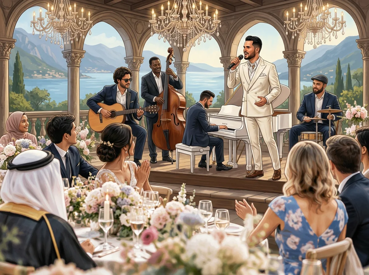 Illustration IA : Tal Vaknin chantant près d’un piano à queue blanc dans un cadre de réception de luxe — chanteur israélien mariage.