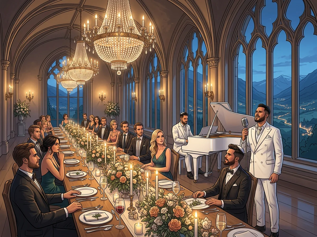 AI illustration: Tal Vaknin singing beside a white grand piano in a luxury event setting — luxury event entertainment.