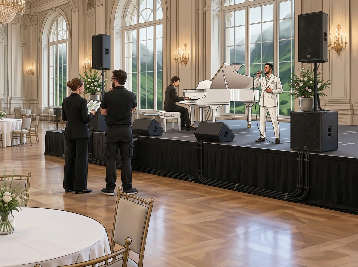 AI illustration: Tal Vaknin singing beside a white grand piano in a luxury event setting — exclusive venue live performance.