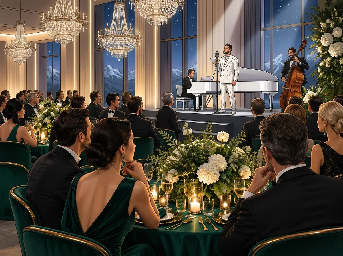 AI illustration: Tal Vaknin singing beside a white grand piano in a luxury event setting — VIP gala entertainment.