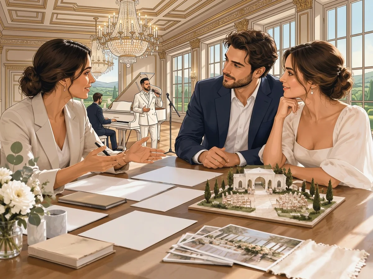 AI illustration: Tal Vaknin singing beside a white grand piano in a luxury event setting — luxury wedding planner.