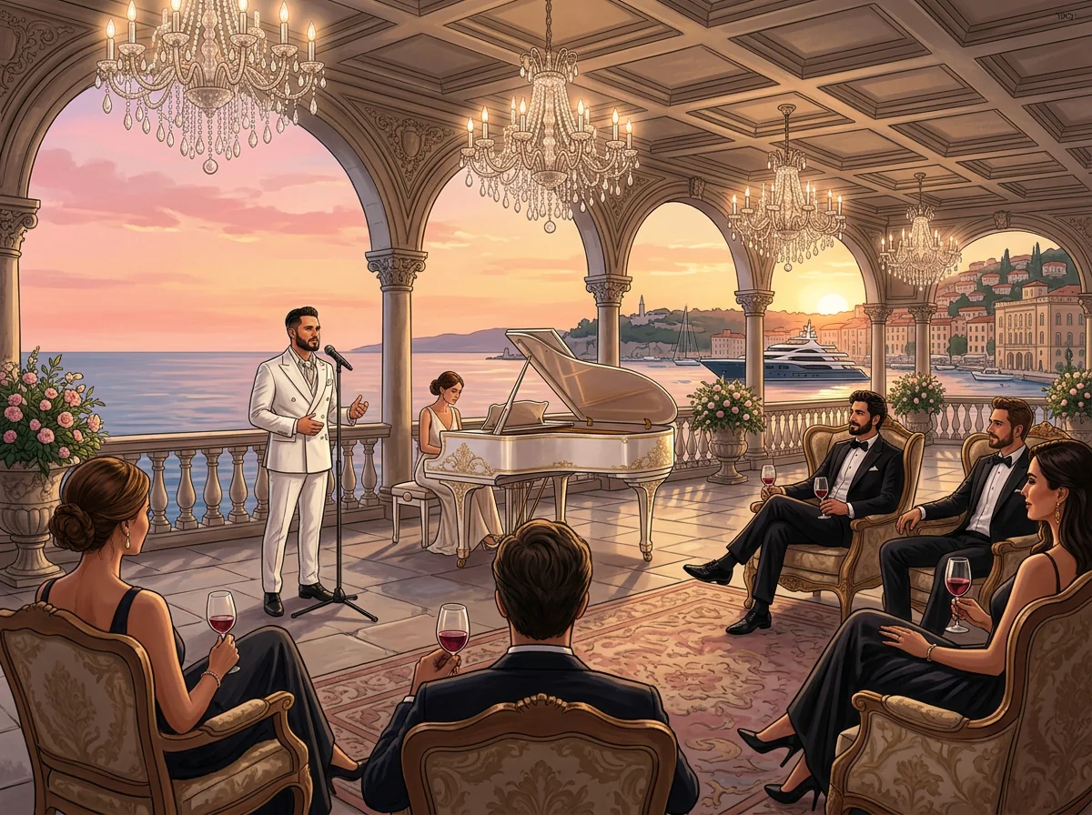 AI illustration: Tal Vaknin singing beside a white grand piano in a luxury event setting — luxury private event singer.